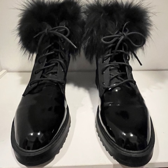 Cloud Nine Black Patent Leather Raccoon Fur Boots Sz 10 Quiet Luxury Wool - Picture 1 of 12